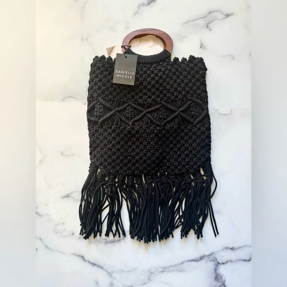 NEW WITH TAGS Danielle Nicole Black Macramé Fringe Vacation Handbag